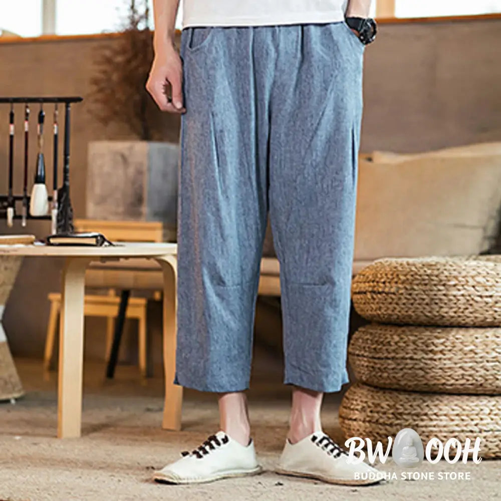 Buddha Stones Casual Solid Color Drawstring Men’s Elastic Waistband Cotton Linen Pants With Pockets - Men’s Pants