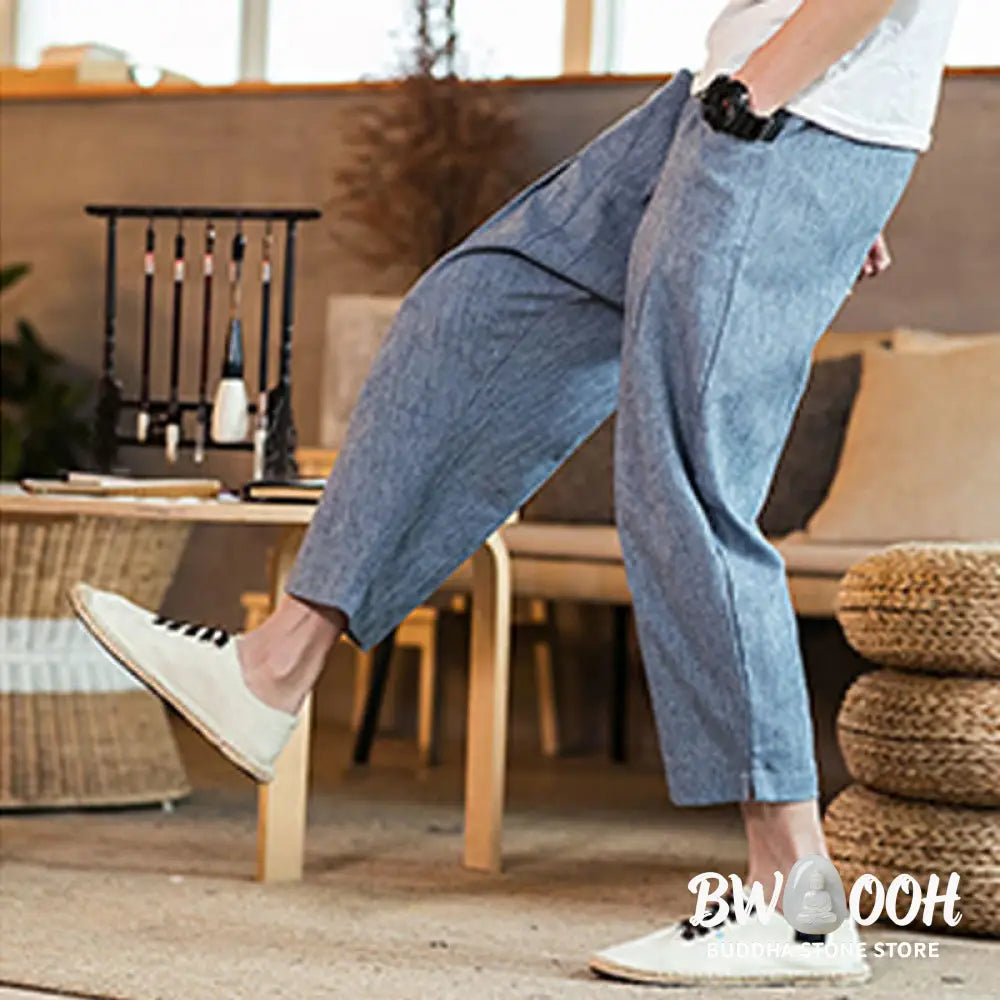 Buddha Stones Casual Solid Color Drawstring Men’s Elastic Waistband Cotton Linen Pants With Pockets - Men’s Pants
