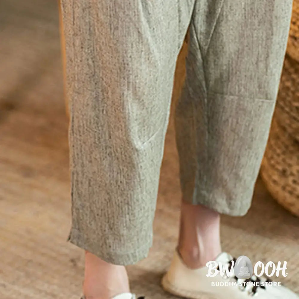 Buddha Stones Casual Solid Color Drawstring Men’s Elastic Waistband Cotton Linen Pants With Pockets - Men’s Pants