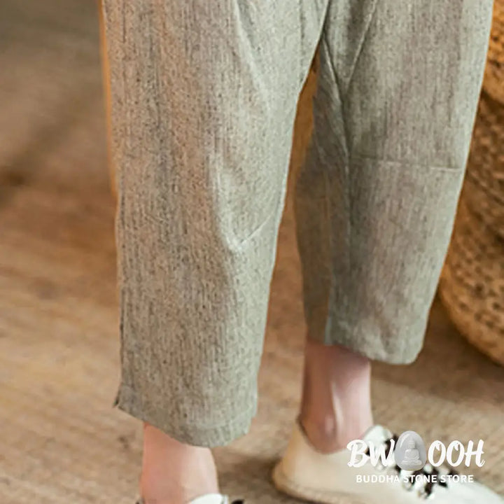 Buddha Stones Casual Solid Color Drawstring Men’s Elastic Waistband Cotton Linen Pants With Pockets - Men’s Pants
