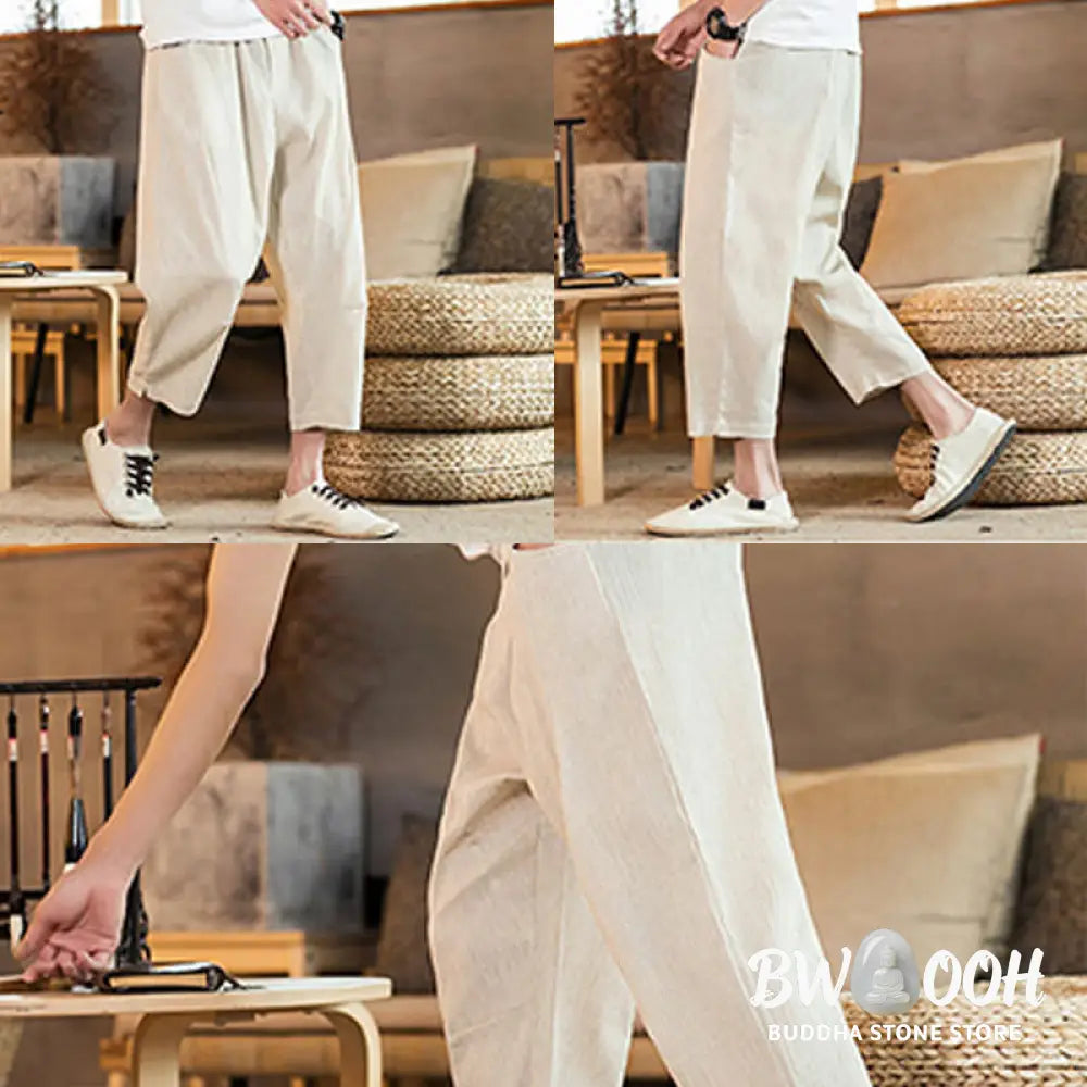 Buddha Stones Casual Solid Color Drawstring Men’s Elastic Waistband Cotton Linen Pants With Pockets - Men’s Pants