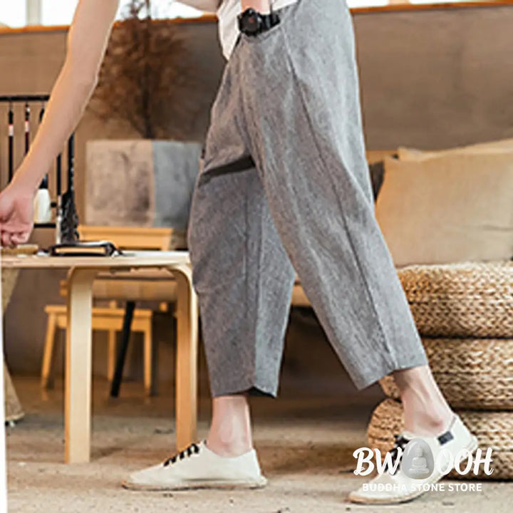 Buddha Stones Casual Solid Color Drawstring Men’s Elastic Waistband Cotton Linen Pants With Pockets - Men’s Pants