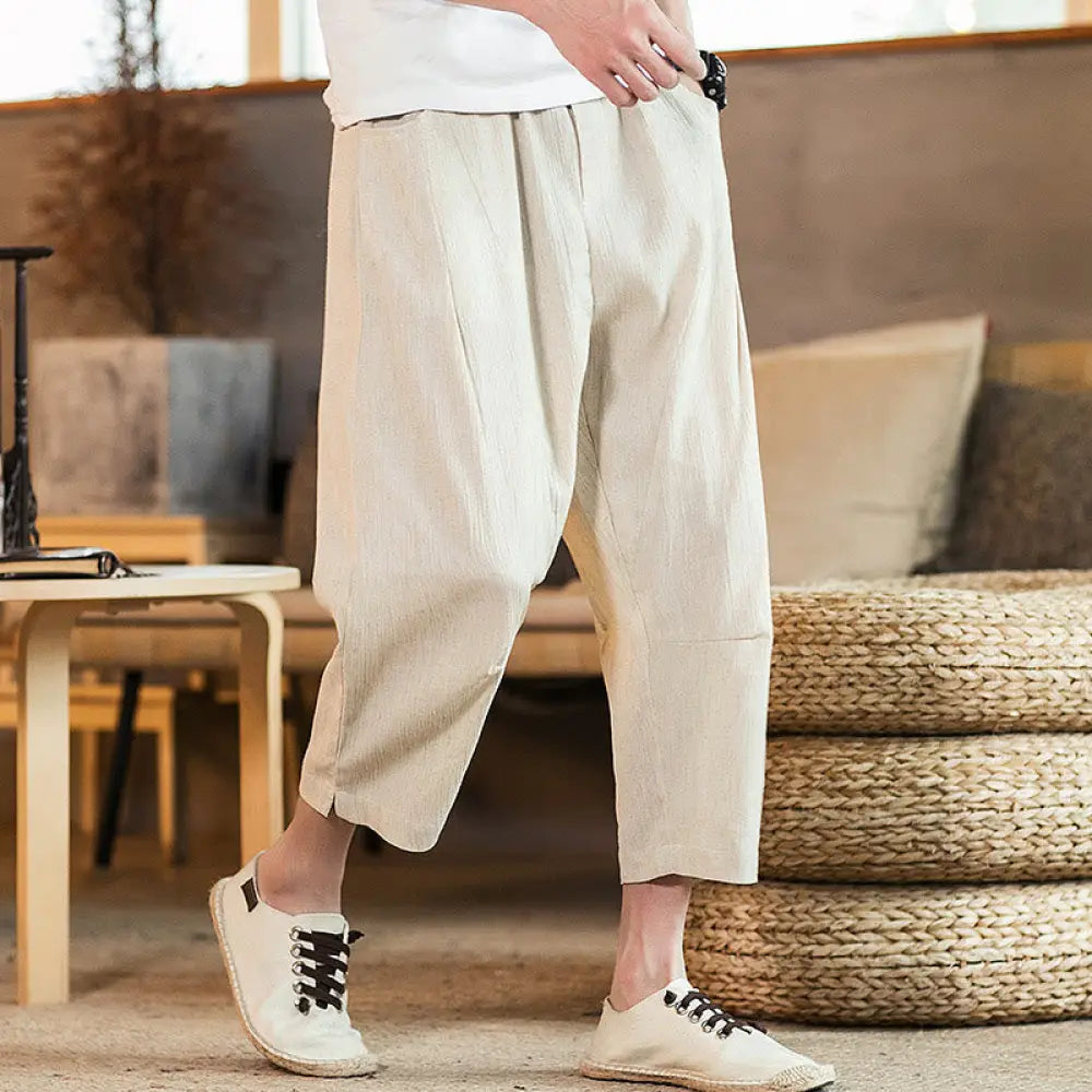 Buddha Stones Casual Solid Color Drawstring Men’s Elastic Waistband Cotton Linen Pants With Pockets - Beige