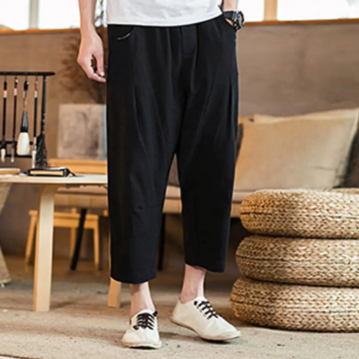 Buddha Stones Casual Solid Color Drawstring Men’s Elastic Waistband Cotton Linen Pants With Pockets - Black