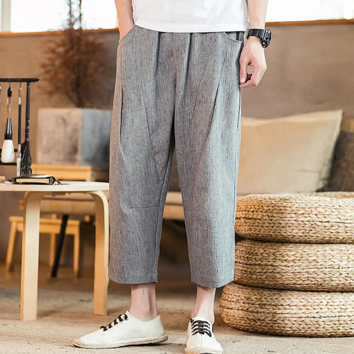 Buddha Stones Casual Solid Color Drawstring Men’s Elastic Waistband Cotton Linen Pants With Pockets - DarkGray