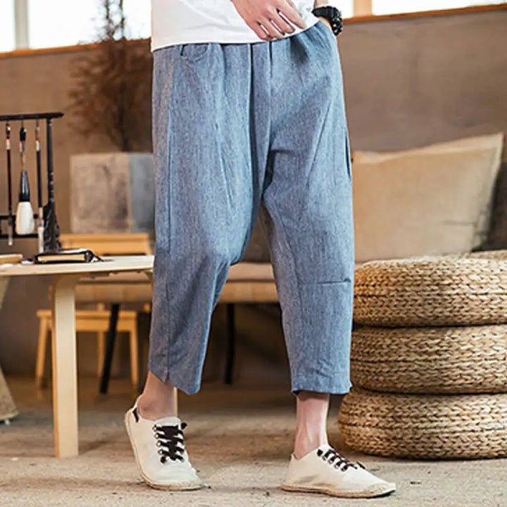 Buddha Stones Casual Solid Color Drawstring Men’s Elastic Waistband Cotton Linen Pants With Pockets - SteelBlue