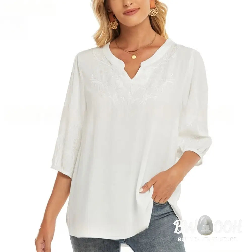 Buddha Stones Casual Solid Color Embroidery Flower Three Quarter Sleeve V-Neck Women’s T-Shirt - Women’s T-Shirts