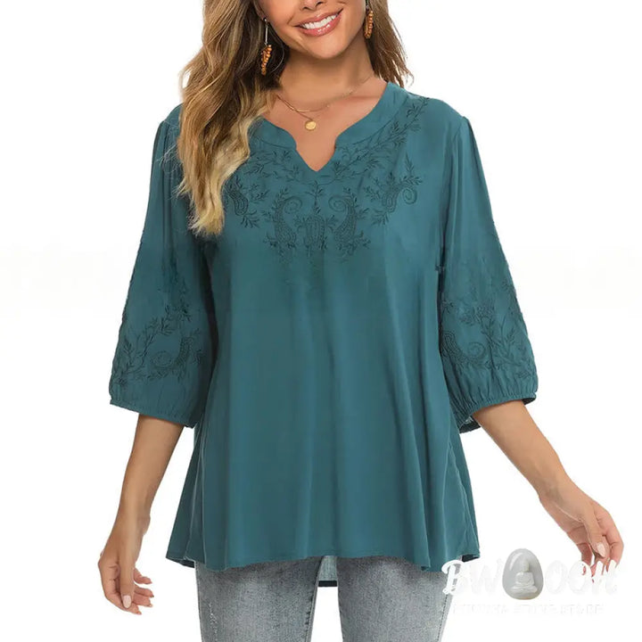 Buddha Stones Casual Solid Color Embroidery Flower Three Quarter Sleeve V-Neck Women’s T-Shirt - Women’s T-Shirts