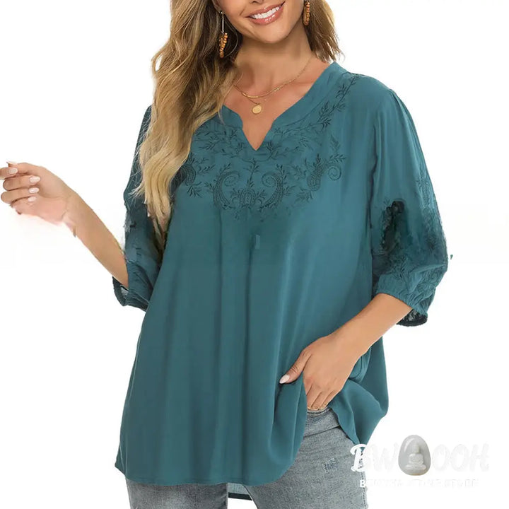 Buddha Stones Casual Solid Color Embroidery Flower Three Quarter Sleeve V-Neck Women’s T-Shirt - Women’s T-Shirts