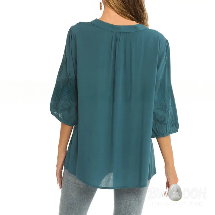 Buddha Stones Casual Solid Color Embroidery Flower Three Quarter Sleeve V-Neck Women’s T-Shirt - Women’s T-Shirts