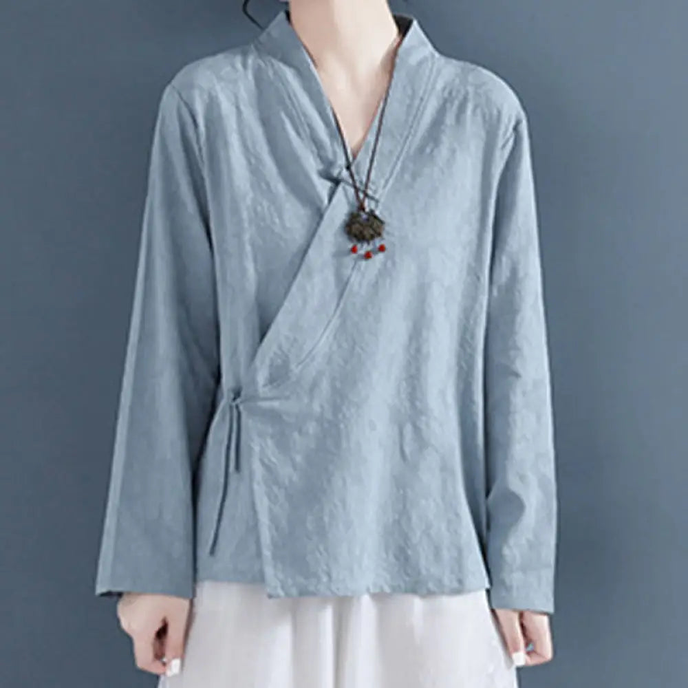 Buddha Stones Casual Solid Color Frog Button Long Sleeve Zen Cotton Linen Women’s Shirt - LightSkyBlue