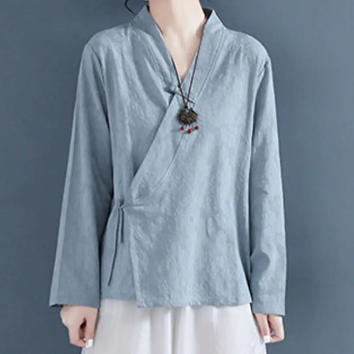 Buddha Stones Casual Solid Color Frog Button Long Sleeve Zen Cotton Linen Women’s Shirt - LightSkyBlue