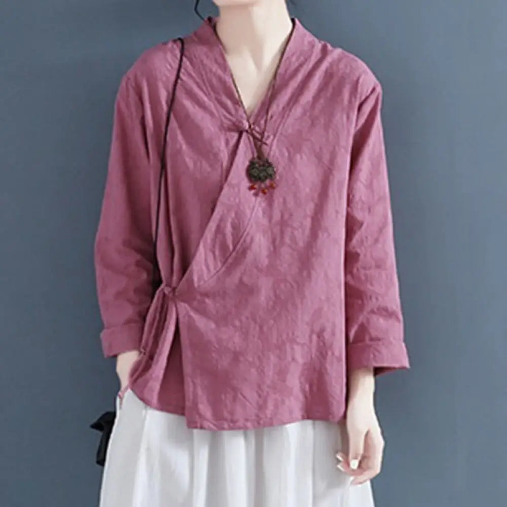 Buddha Stones Casual Solid Color Frog Button Long Sleeve Zen Cotton Linen Women’s Shirt - PaleVioletRed