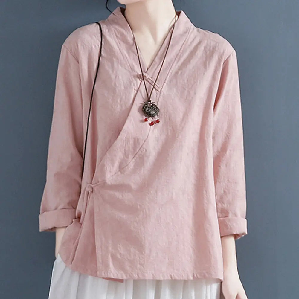 Buddha Stones Casual Solid Color Frog Button Long Sleeve Zen Cotton Linen Women’s Shirt - Pink / US4，UK/AU8，EU36 (L)