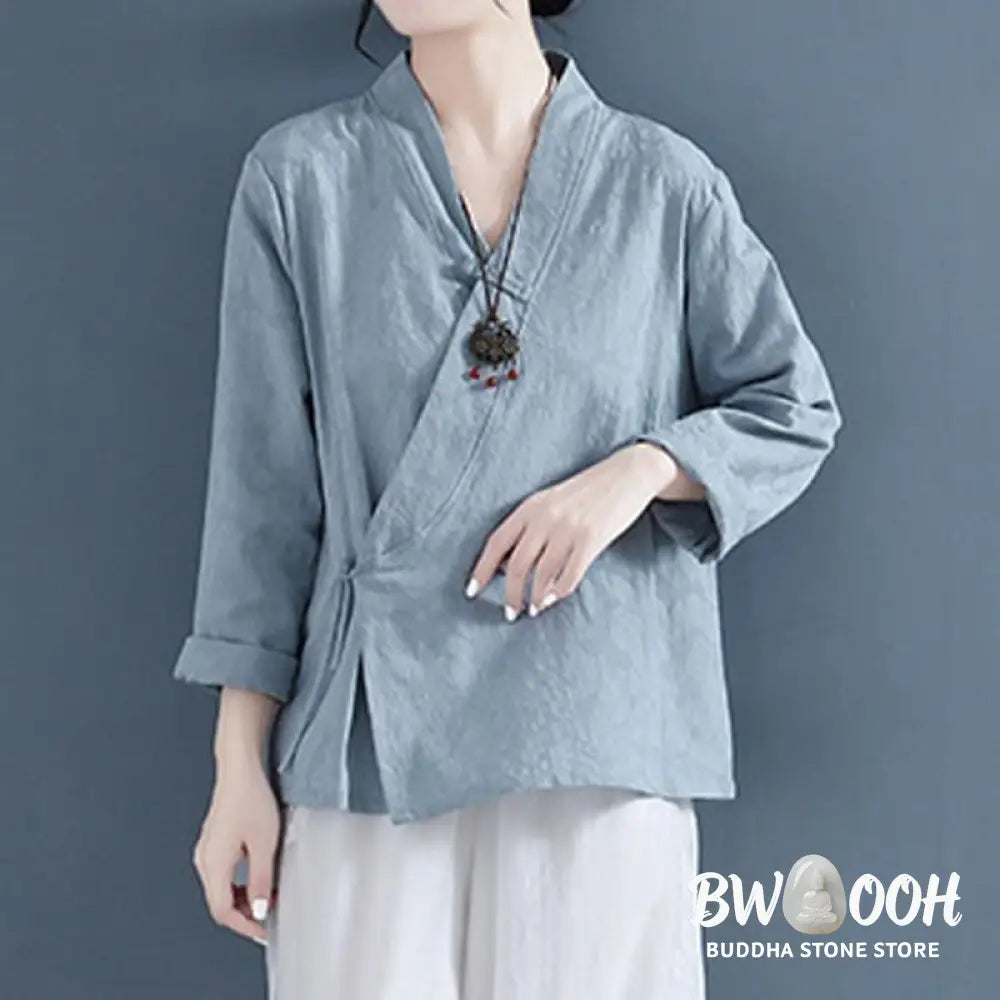 Buddha Stones Casual Solid Color Frog Button Long Sleeve Zen Cotton Linen Women’s Shirt - Women’s Shirts