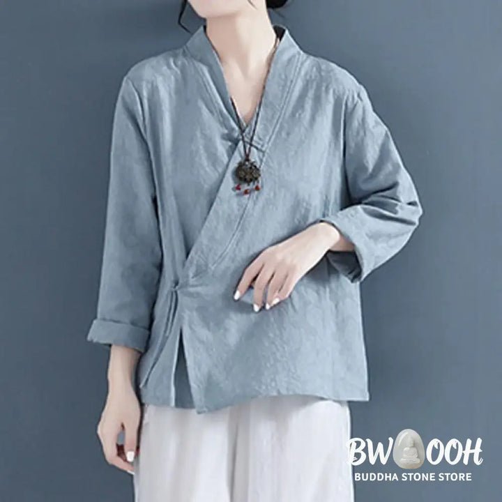 Buddha Stones Casual Solid Color Frog Button Long Sleeve Zen Cotton Linen Women’s Shirt - Women’s Shirts