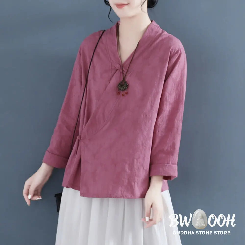 Buddha Stones Casual Solid Color Frog Button Long Sleeve Zen Cotton Linen Women’s Shirt - Women’s Shirts