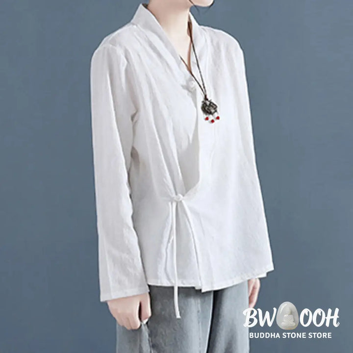 Buddha Stones Casual Solid Color Frog Button Long Sleeve Zen Cotton Linen Women’s Shirt - Women’s Shirts
