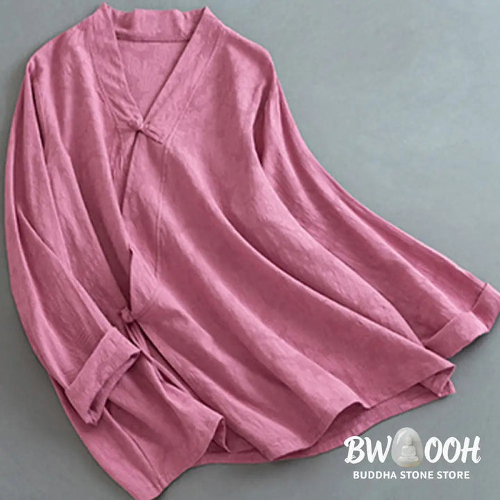 Buddha Stones Casual Solid Color Frog Button Long Sleeve Zen Cotton Linen Women’s Shirt - Women’s Shirts