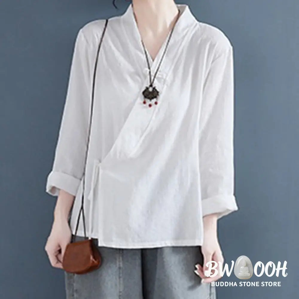 Buddha Stones Casual Solid Color Frog Button Long Sleeve Zen Cotton Linen Women’s Shirt - Women’s Shirts