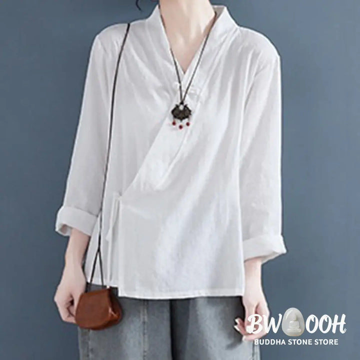 Buddha Stones Casual Solid Color Frog Button Long Sleeve Zen Cotton Linen Women’s Shirt - Women’s Shirts