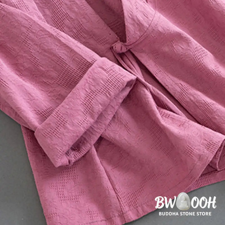 Buddha Stones Casual Solid Color Frog Button Long Sleeve Zen Cotton Linen Women’s Shirt - Women’s Shirts