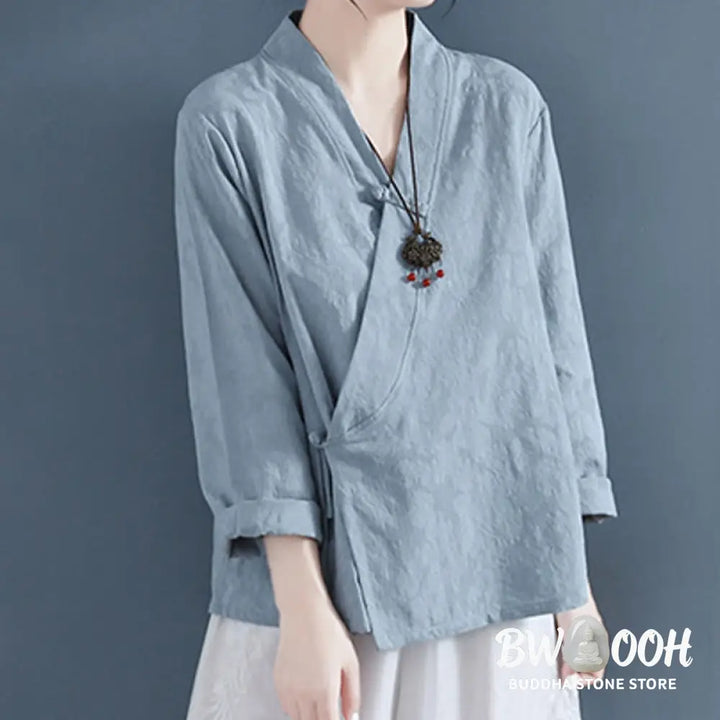 Buddha Stones Casual Solid Color Frog Button Long Sleeve Zen Cotton Linen Women’s Shirt - Women’s Shirts