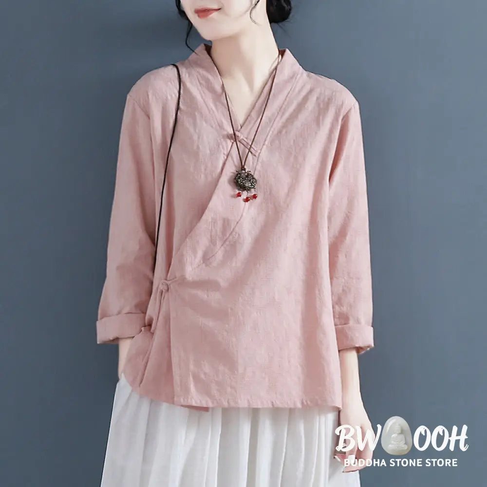 Buddha Stones Casual Solid Color Frog Button Long Sleeve Zen Cotton Linen Women’s Shirt - Women’s Shirts