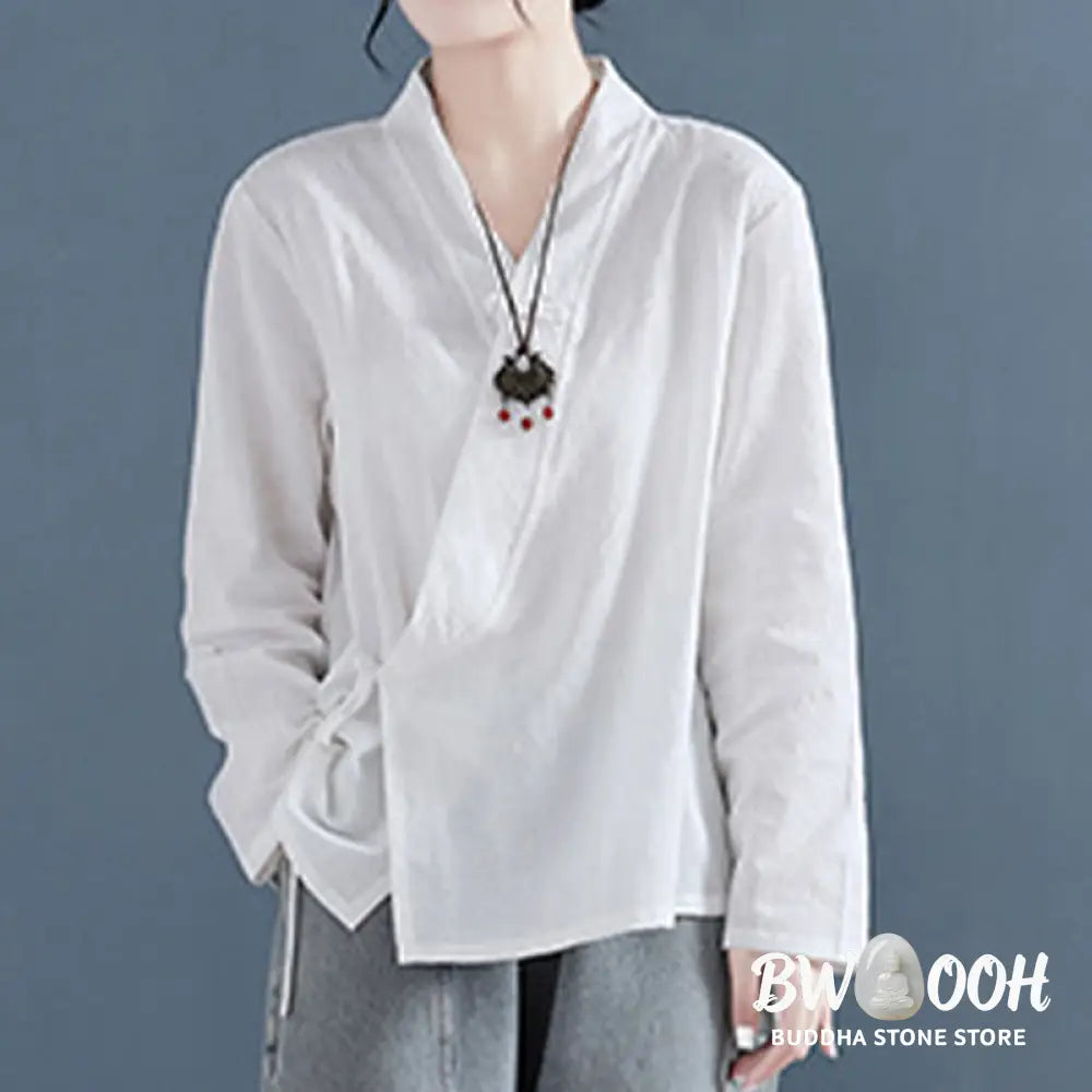Buddha Stones Casual Solid Color Frog Button Long Sleeve Zen Cotton Linen Women’s Shirt - Women’s Shirts