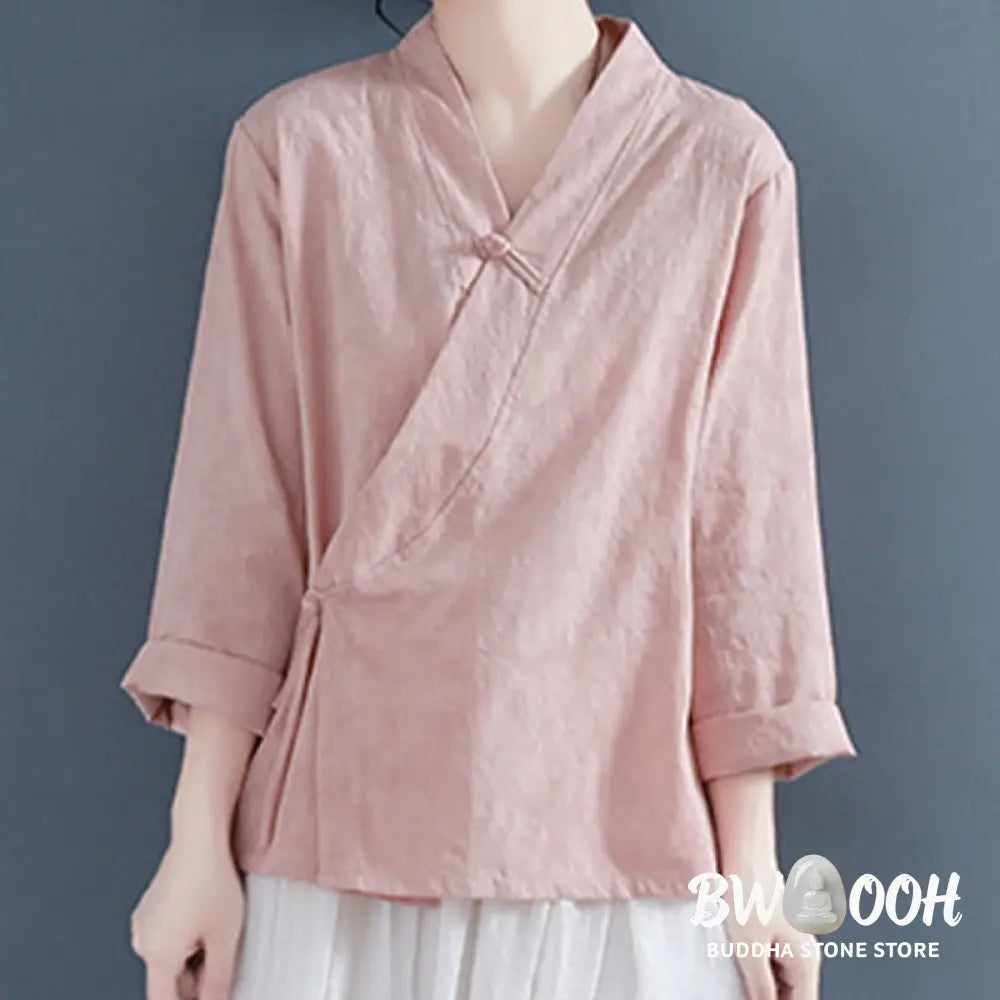 Buddha Stones Casual Solid Color Frog Button Long Sleeve Zen Cotton Linen Women’s Shirt - Women’s Shirts