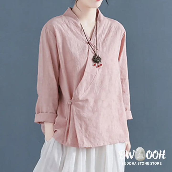 Buddha Stones Casual Solid Color Frog Button Long Sleeve Zen Cotton Linen Women’s Shirt - Women’s Shirts