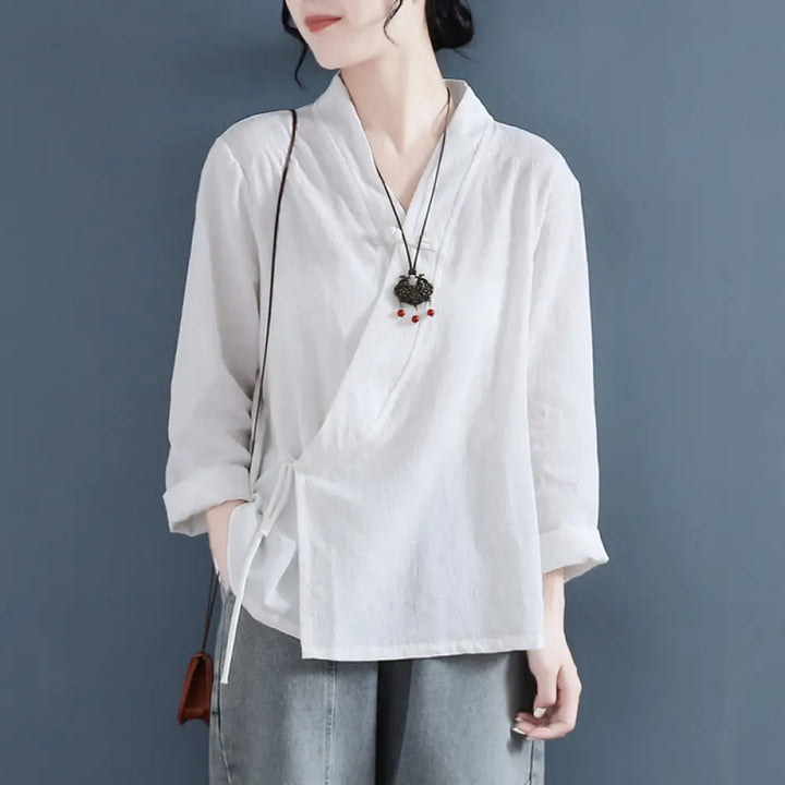 BWOOOH Casual Solid Color Frog Button Long Sleeve Zen Cot