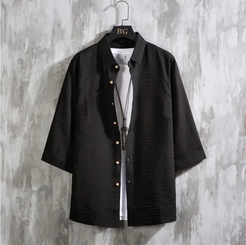 Buddha Stones Casual Solid Color Front Button Three Quarter Sleeves Men’s Shirt - Black / US/UK/AU36，EU46 (L) - Men’s