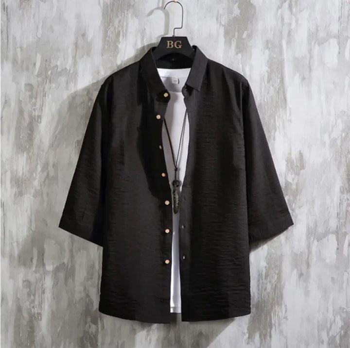 Buddha Stones Casual Solid Color Front Button Three Quarter Sleeves Men’s Shirt - Black / US/UK/AU36，EU46 (L) - Men’s