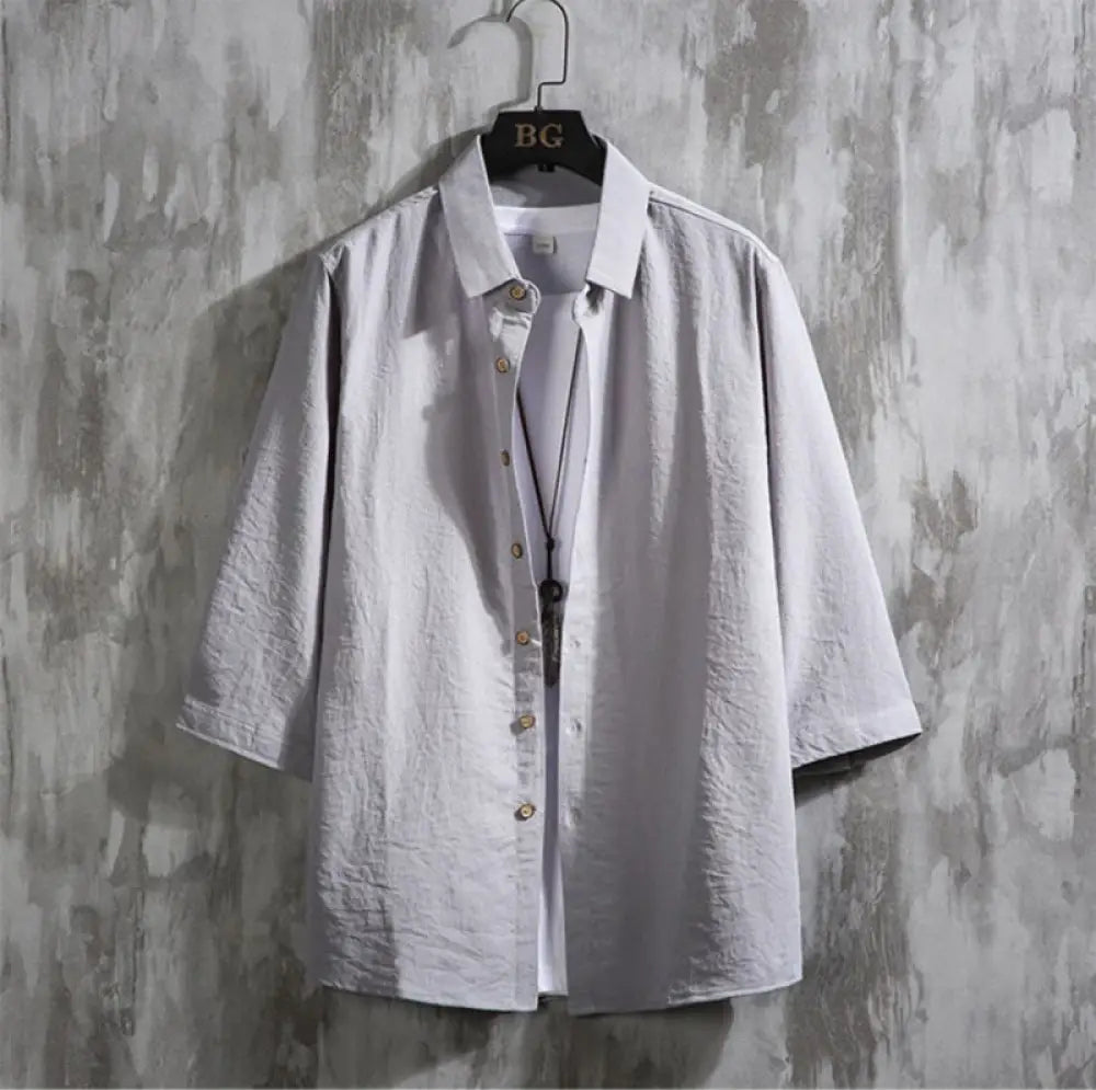 Buddha Stones Casual Solid Color Front Button Three Quarter Sleeves Men’s Shirt - Gray / US/UK/AU36，EU46 (L) - Men’s