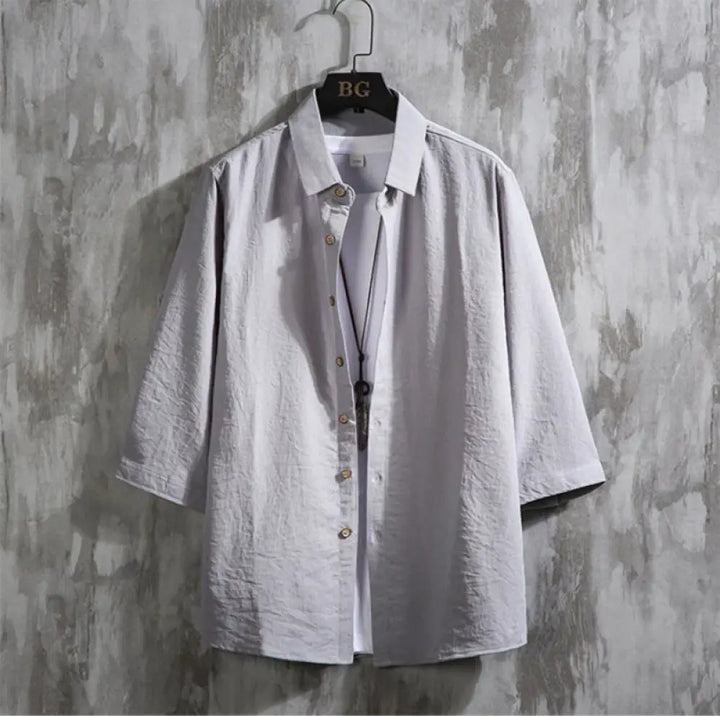 Buddha Stones Casual Solid Color Front Button Three Quarter Sleeves Men’s Shirt - Gray / US/UK/AU36，EU46 (L) - Men’s