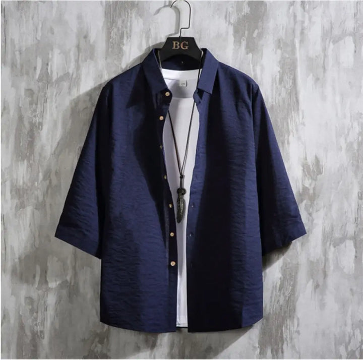 Buddha Stones Casual Solid Color Front Button Three Quarter Sleeves Men’s Shirt - MidnightBlue / US/UK/AU36，EU46 (L)