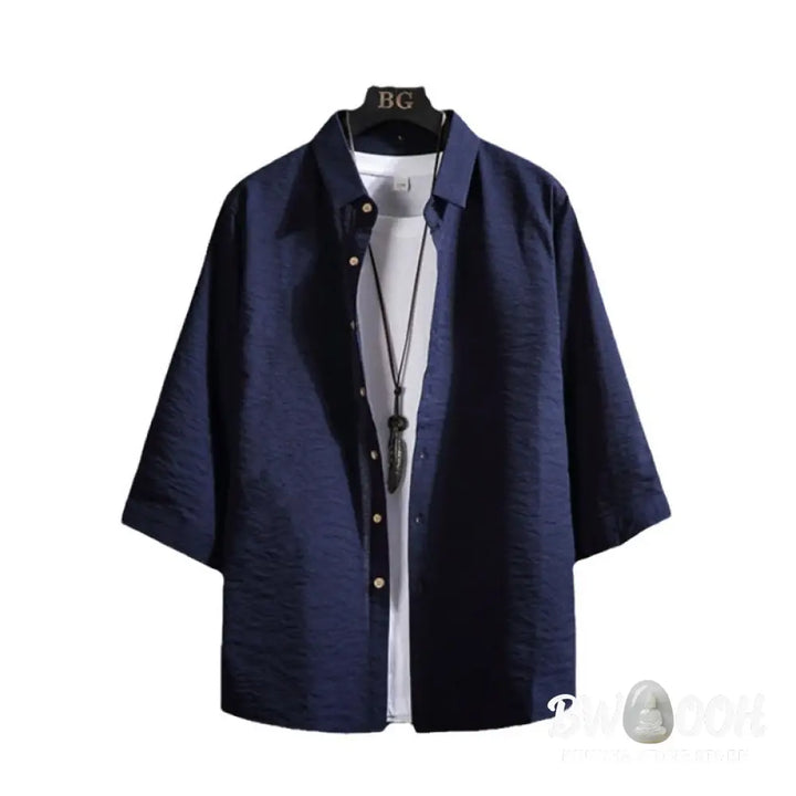 Buddha Stones Casual Solid Color Front Button Three Quarter Sleeves Men’s Shirt - Men’s Shirts