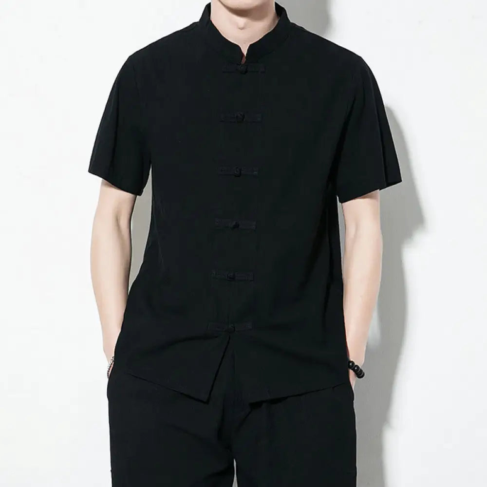 Buddha Stones Casual Solid Color Front Frog Buttons Chinese Tang Suit Short Sleeve Linen Men’s Shirt - Black
