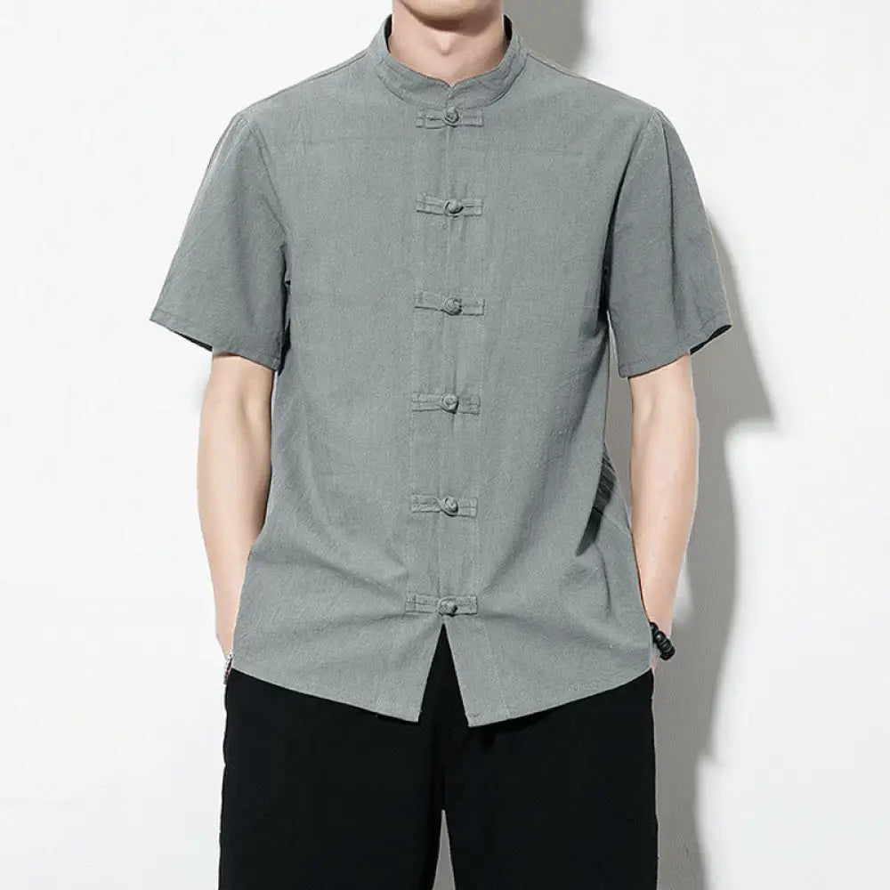 Buddha Stones Casual Solid Color Front Frog Buttons Chinese Tang Suit Short Sleeve Linen Men’s Shirt - CadetBlue