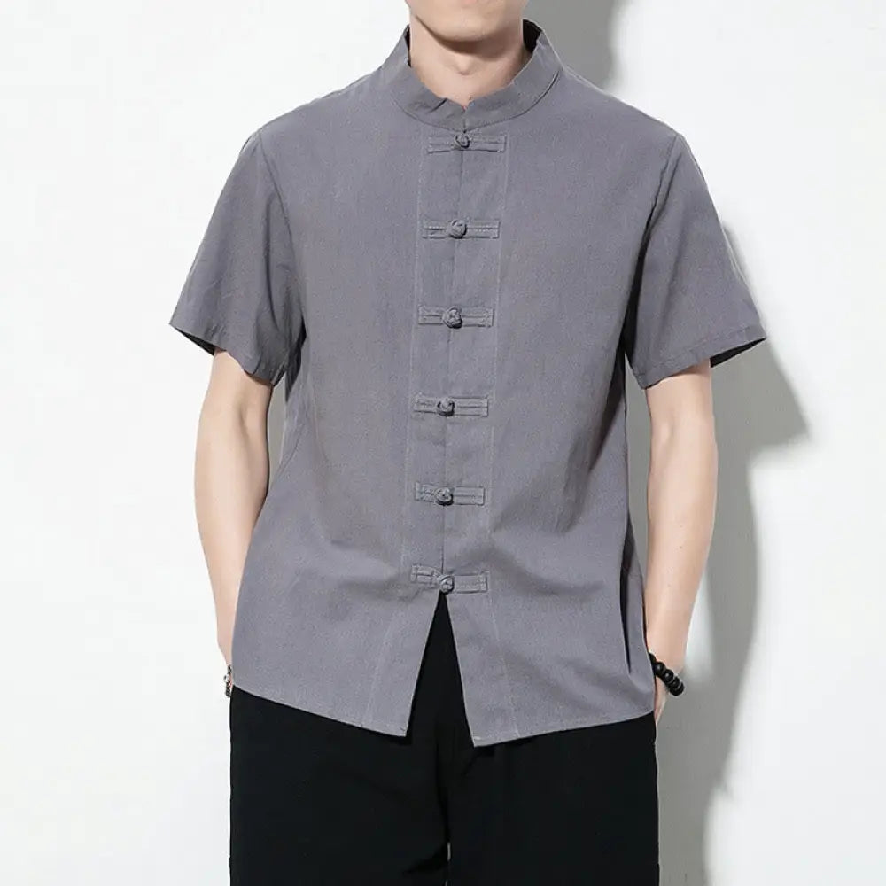 Buddha Stones Casual Solid Color Front Frog Buttons Chinese Tang Suit Short Sleeve Linen Men’s Shirt - Gray