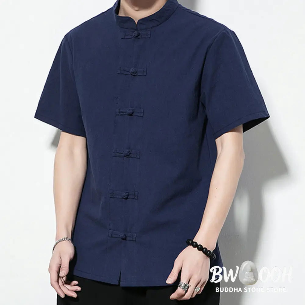 Buddha Stones Casual Solid Color Front Frog Buttons Chinese Tang Suit Short Sleeve Linen Men’s Shirt - Men’s Shirts