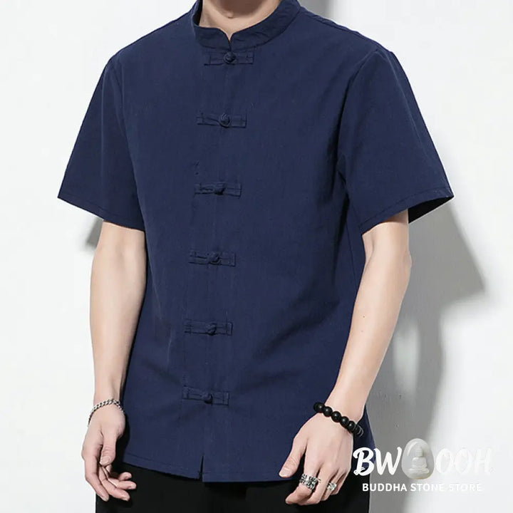 Buddha Stones Casual Solid Color Front Frog Buttons Chinese Tang Suit Short Sleeve Linen Men’s Shirt - Men’s Shirts