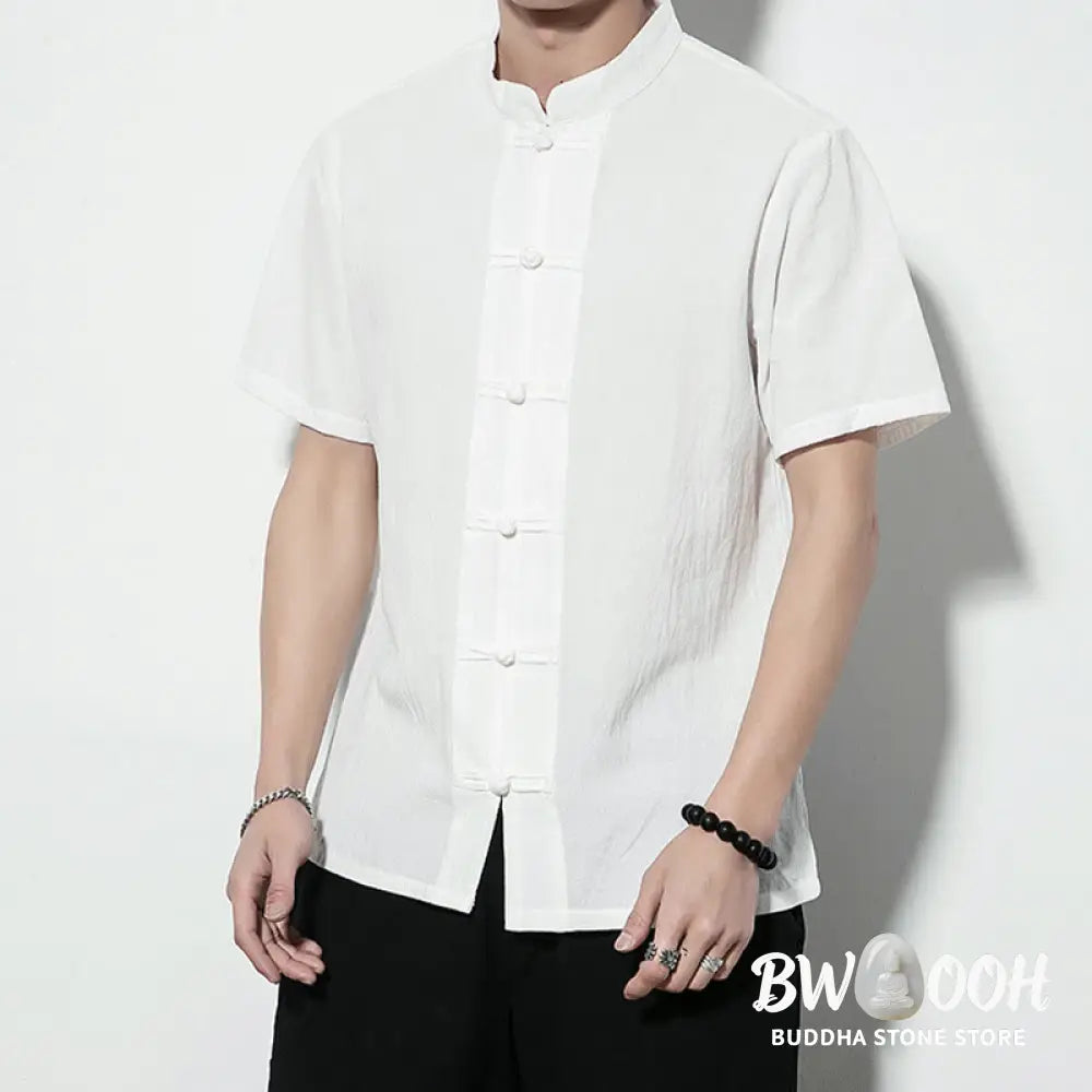 Buddha Stones Casual Solid Color Front Frog Buttons Chinese Tang Suit Short Sleeve Linen Men’s Shirt - Men’s Shirts