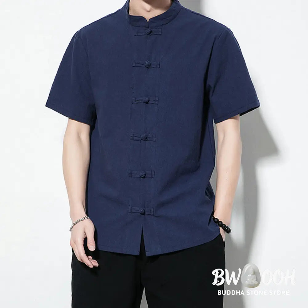 Buddha Stones Casual Solid Color Front Frog Buttons Chinese Tang Suit Short Sleeve Linen Men’s Shirt - Men’s Shirts