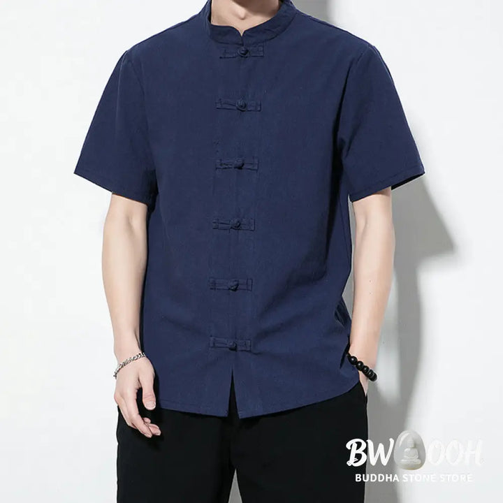 Buddha Stones Casual Solid Color Front Frog Buttons Chinese Tang Suit Short Sleeve Linen Men’s Shirt - Men’s Shirts