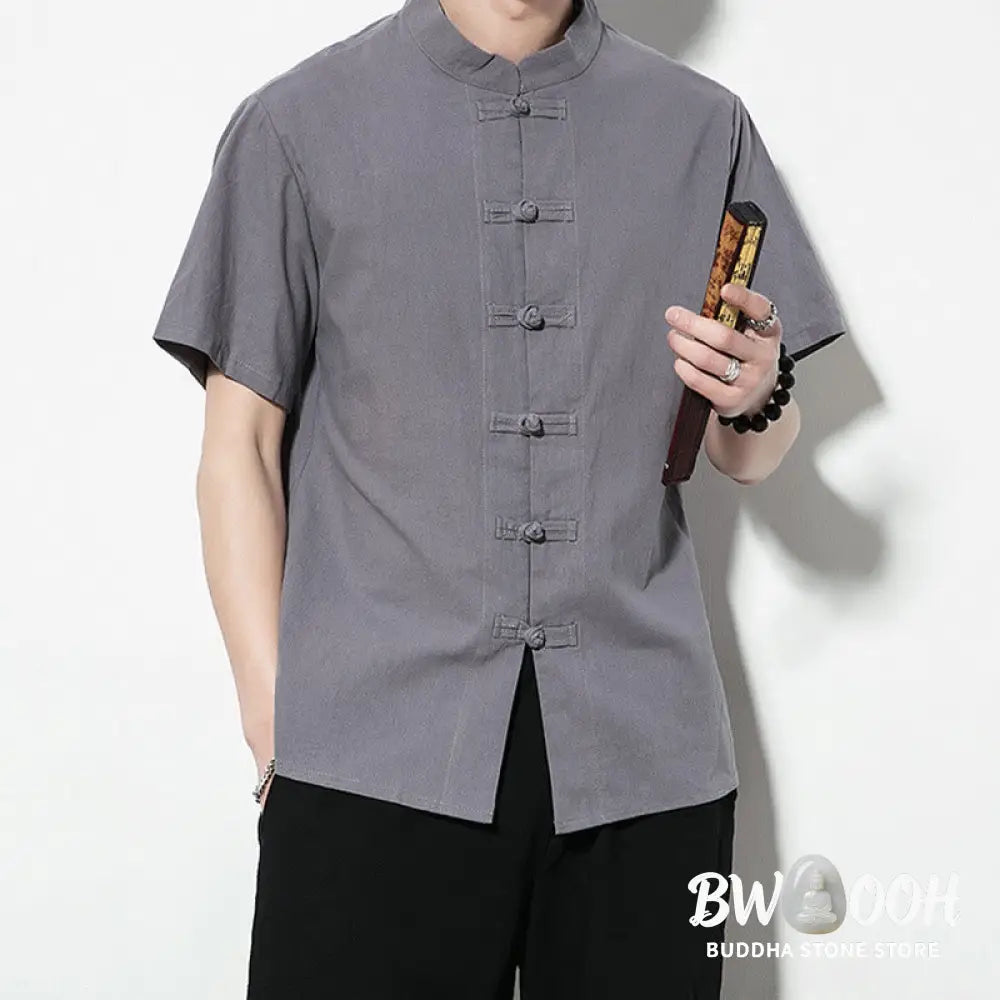 Buddha Stones Casual Solid Color Front Frog Buttons Chinese Tang Suit Short Sleeve Linen Men’s Shirt - Men’s Shirts