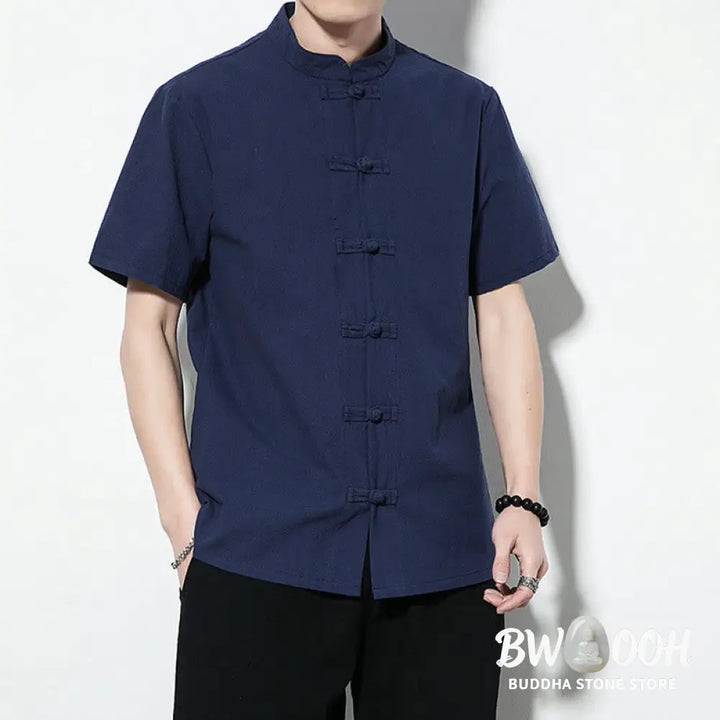 Buddha Stones Casual Solid Color Front Frog Buttons Chinese Tang Suit Short Sleeve Linen Men’s Shirt - Men’s Shirts