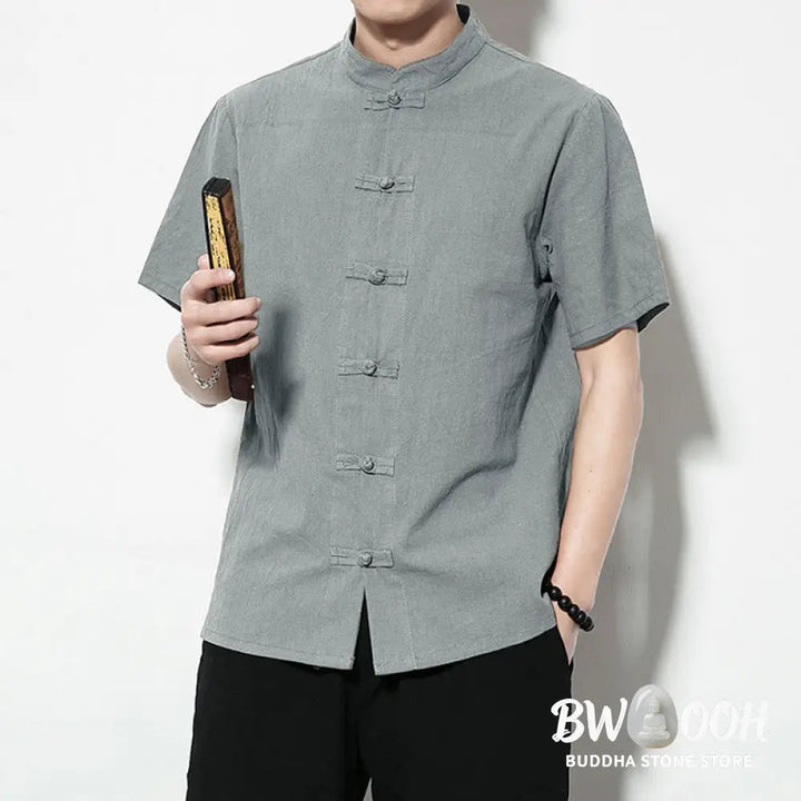 Buddha Stones Casual Solid Color Front Frog Buttons Chinese Tang Suit Short Sleeve Linen Men’s Shirt - Men’s Shirts