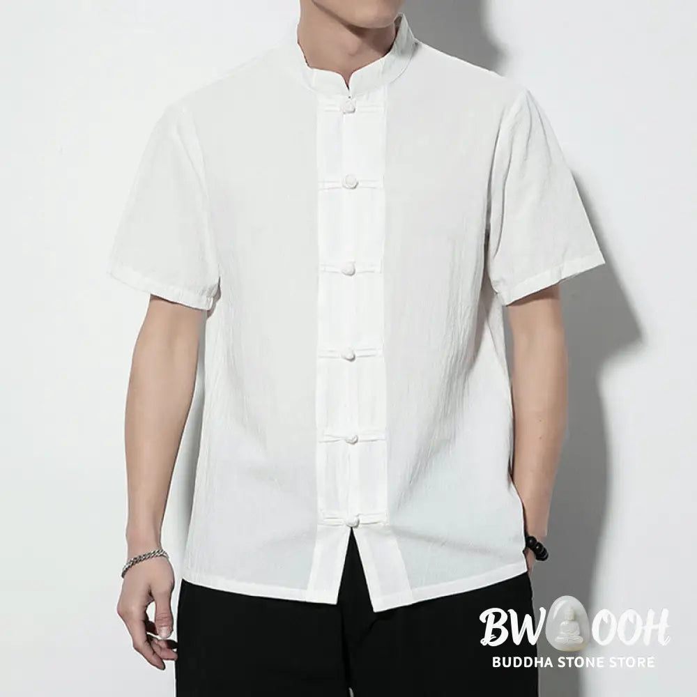 Buddha Stones Casual Solid Color Front Frog Buttons Chinese Tang Suit Short Sleeve Linen Men’s Shirt - Men’s Shirts